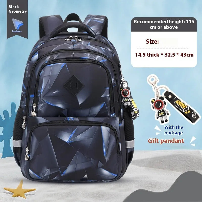 Blue dinosaur print children's school backpack with curved shoulder straps on a grey background