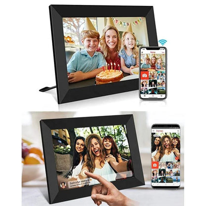 Touchscreen smart WiFi digital photo frame with rotating display, allowing users to easily share and view photos from anywhere.