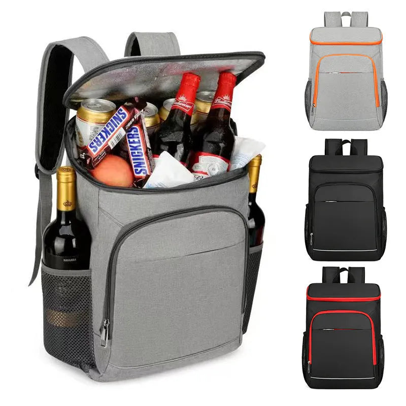 Outdoor backpack with thermal insulation lining, large capacity, made from polyester-lined oxford cloth, featuring curved shoulder straps for burden reduction, black, black and red, grey, or grey with orange colour options