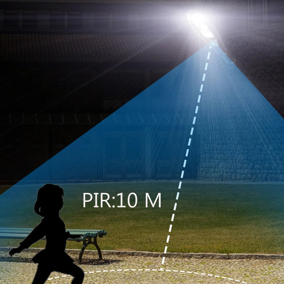 Solar street LED light with 55cm housing, white illumination, and remote control for outdoor garden security