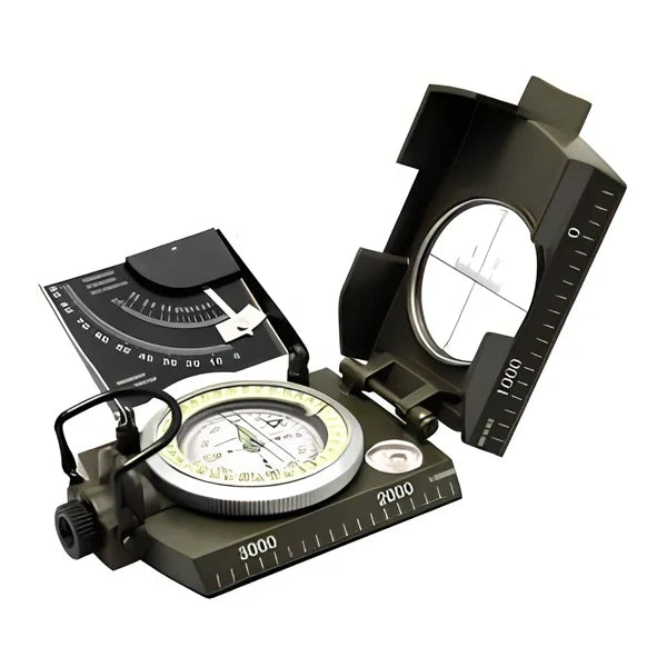 Metal ABS compass with tripod mount showing 8cm diameter and geographic measurement markings