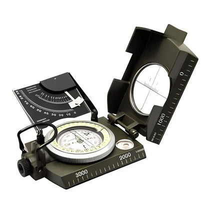 Metal ABS compass with tripod mount showing 8cm diameter and geographic measurement markings