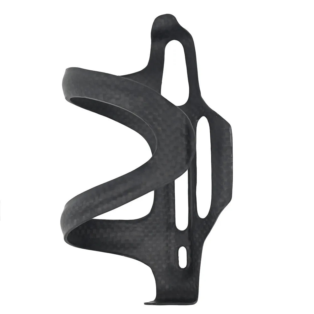 Black carbon fibre side pull water bottle cage for bicycles with 145mm height and 76mm width dimensions