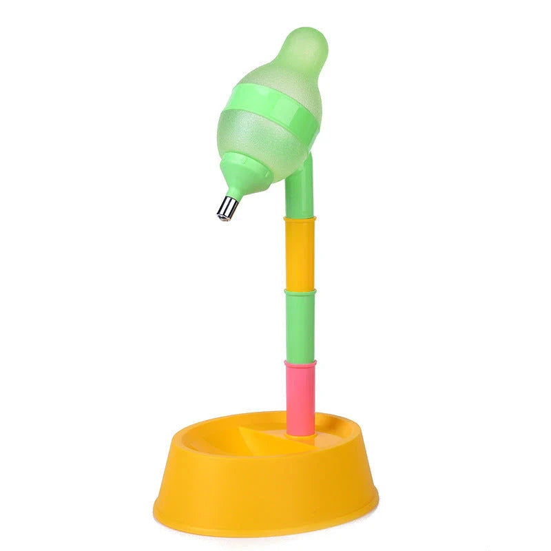 Adjustable automatic pet water dispenser with elevated stand in various colors, including pink, yellow, rose red, green, beige, and black