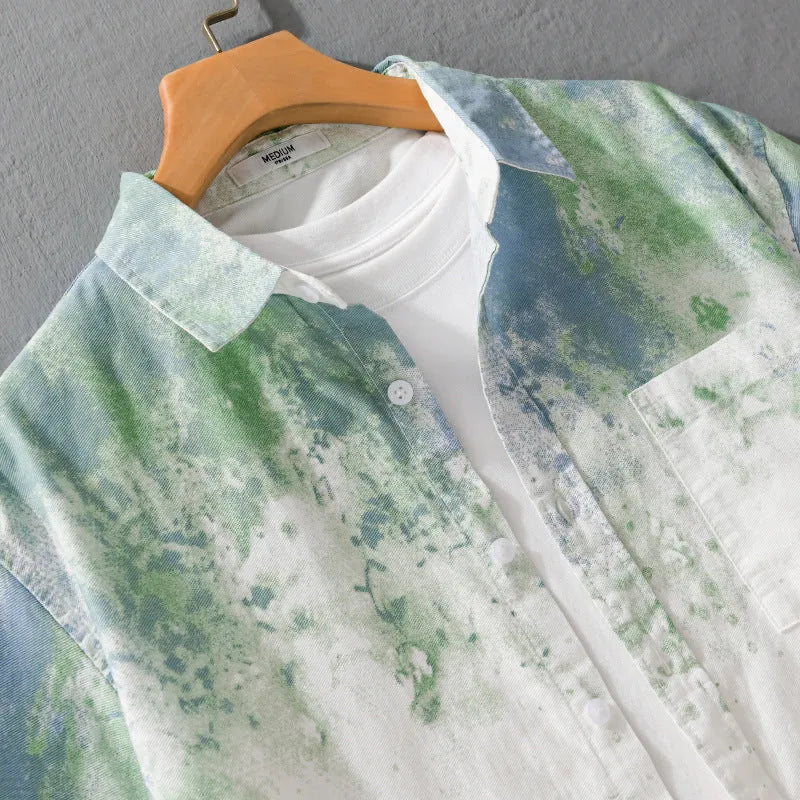 Men's grey hanging dyed pure cotton short-sleeved shirt with loose cardigan fit