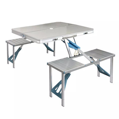 Aluminum alloy folding table and chair set in silver gray and blue, perfect for outdoor use