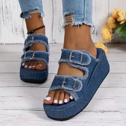 Women's denim buckle wedge sandals with thick foam sole in multiple colors