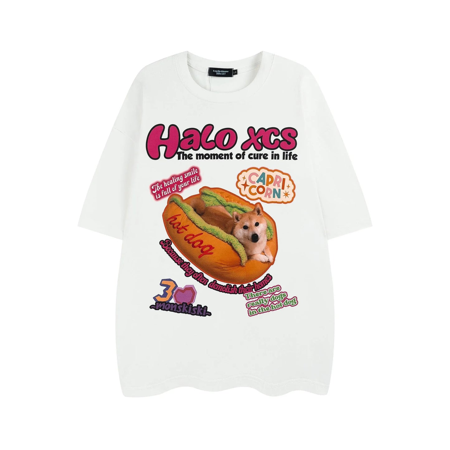 Cartoon hamburger dog printed cotton T-shirt in loose fit with short sleeves