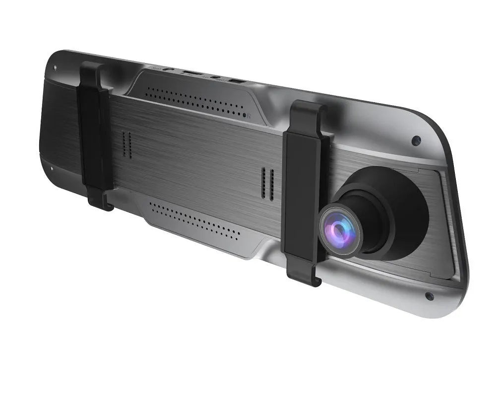 Black 10-inch touchscreen car driving recorder integrated into a rearview mirror design
