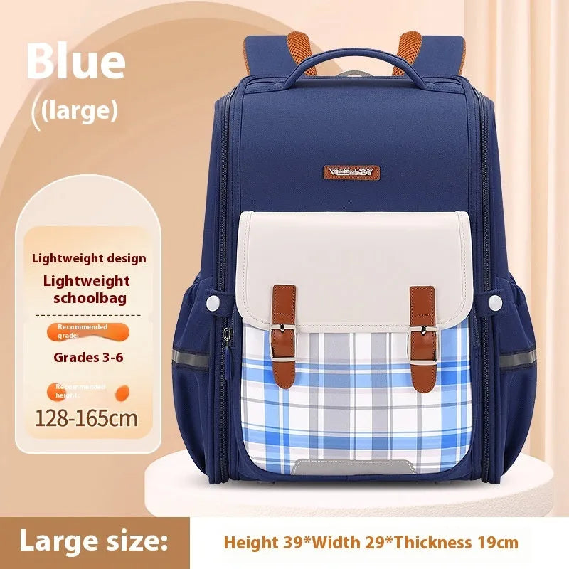 Navy blue student backpack with multiple pockets, made from durable oxford cloth for school children.
