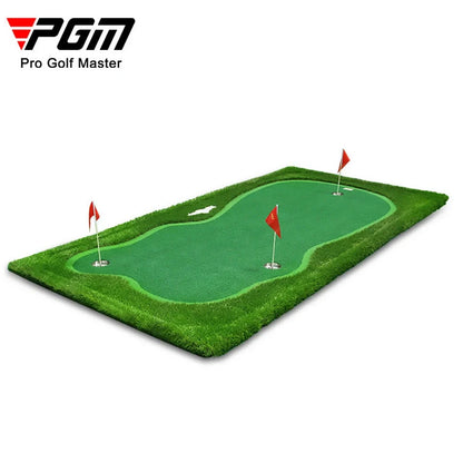 Green artificial turf putting mat measuring 1.5 by 3 metres for indoor golf practice