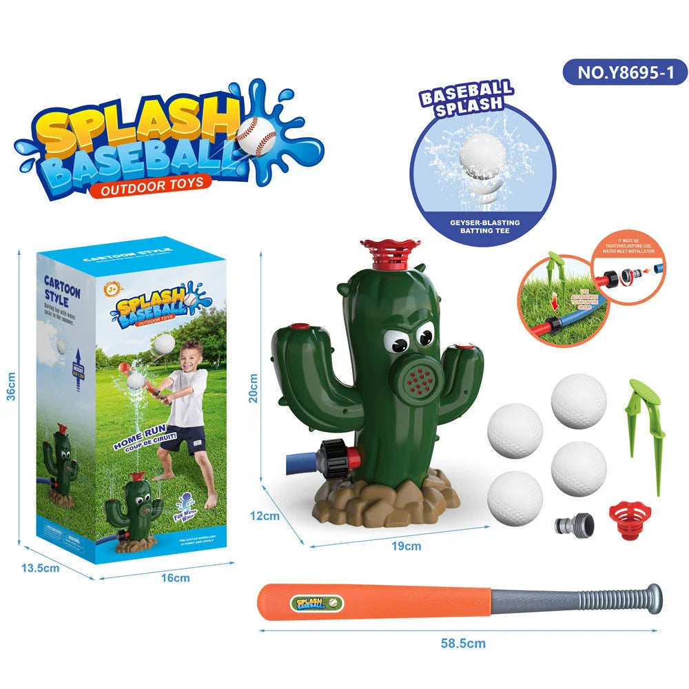 Colorful outdoor water sprinkler toy with cactus-shaped design for kids to enjoy in the backyard
