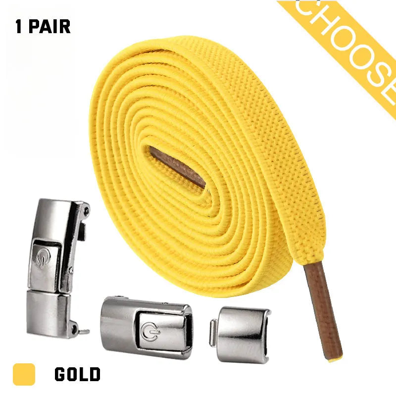 A pair of black widened flat elastic shoelaces with a silver press lock buckle on a white background.