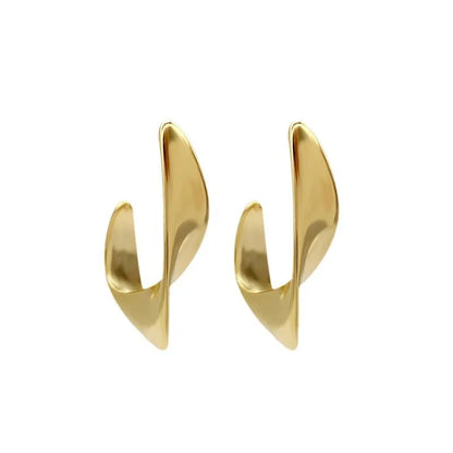 Gold twisted geometric metal earrings with circular elements and electroplated finish