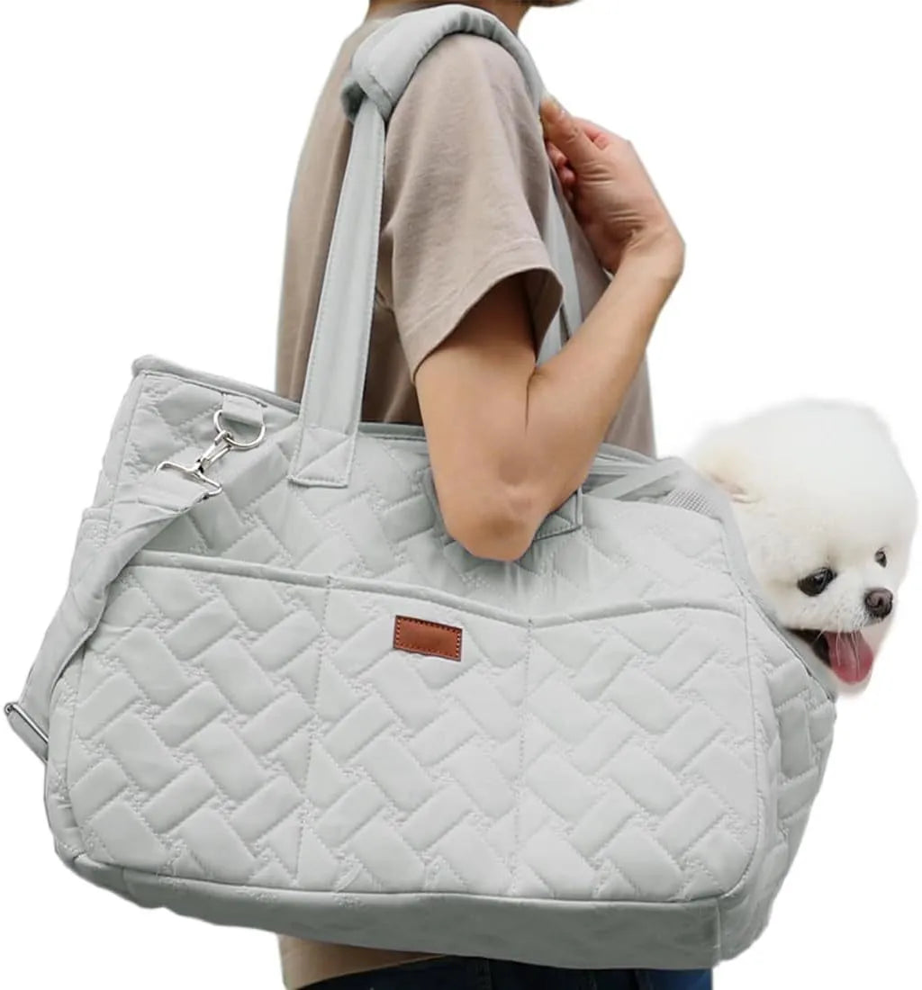Grey or white cat carrier handbag with breathable mesh panels, safety cord, and multiple pockets for small pets