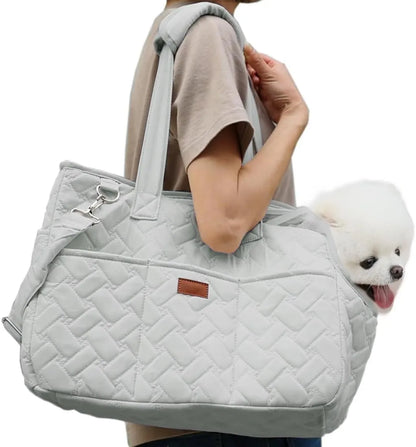 Grey or white cat carrier handbag with breathable mesh panels, safety cord, and multiple pockets for small pets