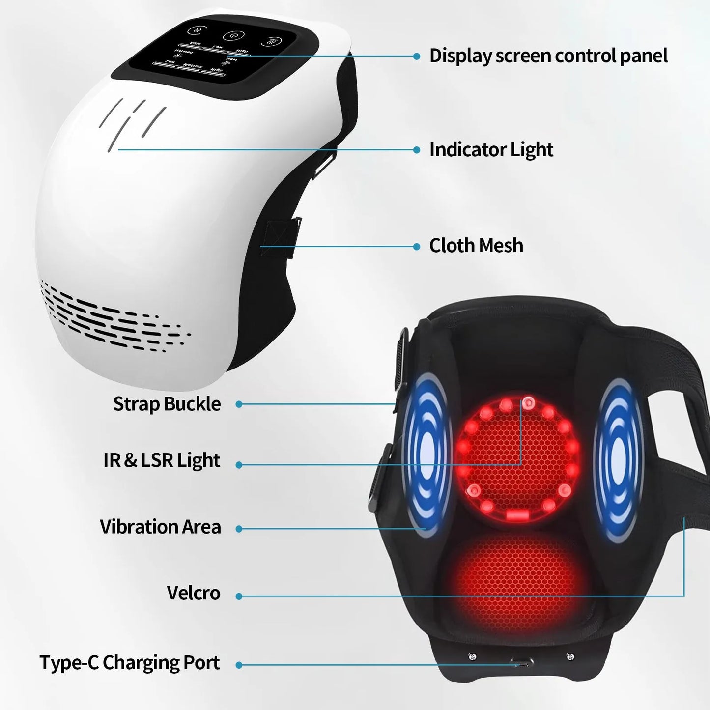White rechargeable electric knee massager with heating and infrared laser therapy