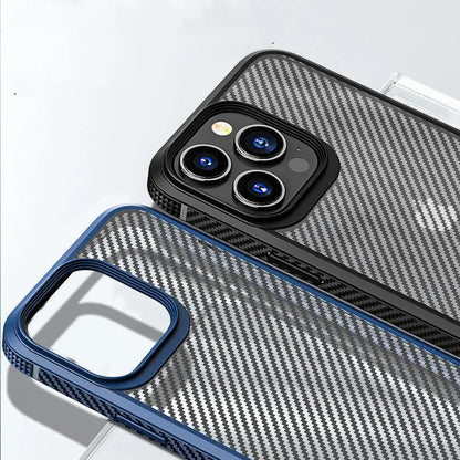 Black and blue iPhone 13 series protective cases with carbon fibre pattern and TPU+PC construction
