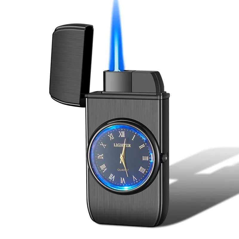 Electronic watch cigarette lighter with LED lamp in metal body showing five finish options