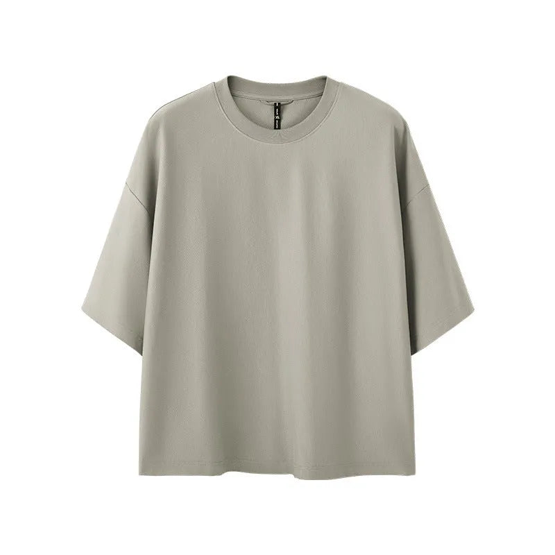 Men's sand grey loose fit cotton-polyester short sleeve T-shirt displayed flat