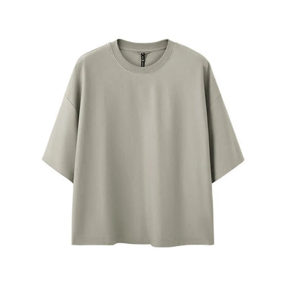Men's sand grey loose fit cotton-polyester short sleeve T-shirt displayed flat