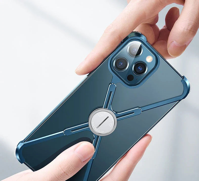 Stylish metal bumper case with X-shaped design, airbag cushioning, and heat dissipation for iPhone 12 and 13 series