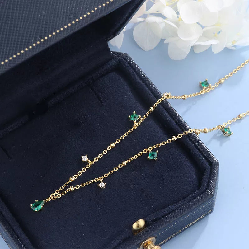 Korean style water drop emerald zircon necklace with sterling silver chain
