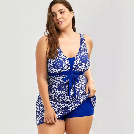 Plus-size skirt split swimsuit with chest pad in various colors and sizes