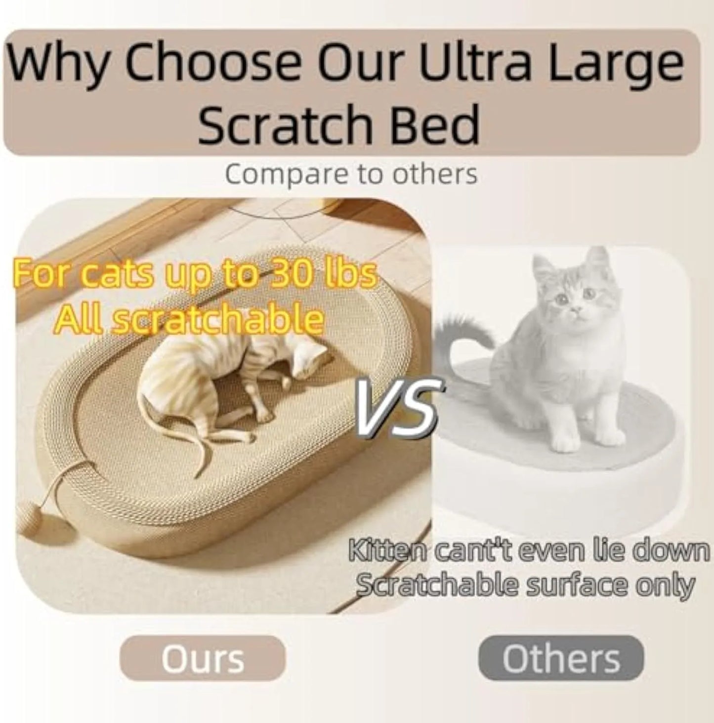 Large rectangular sisal cat scratching board with an attached raised lounge bed for cats, shown on a living room floor.