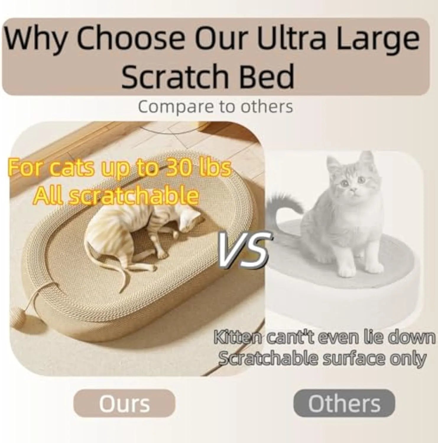 Large rectangular sisal cat scratching board with an attached raised lounge bed for cats, shown on a living room floor.