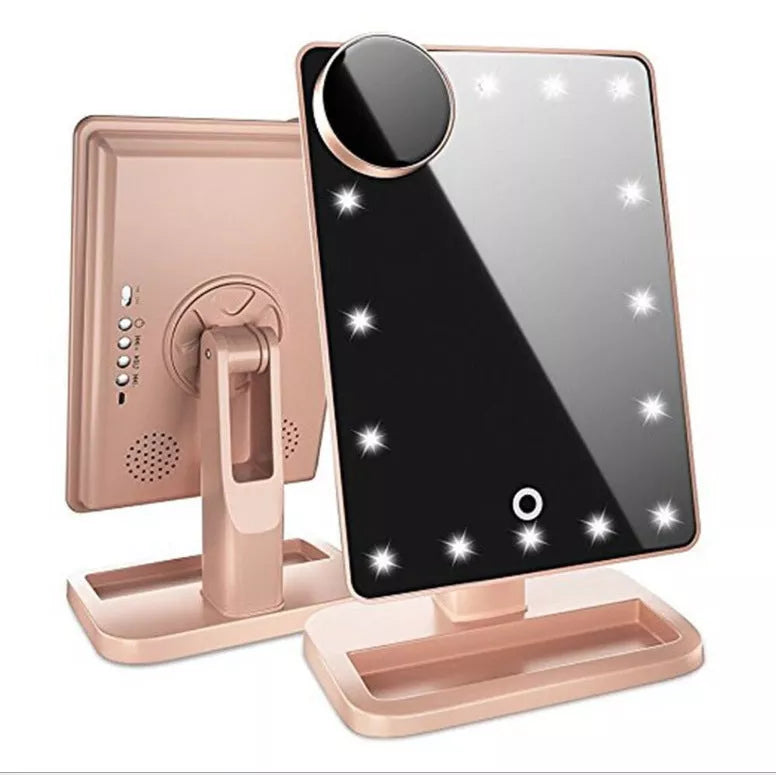 Touch screen makeup mirror with LED lights and Bluetooth speaker in black, white, champagne, and rose gold