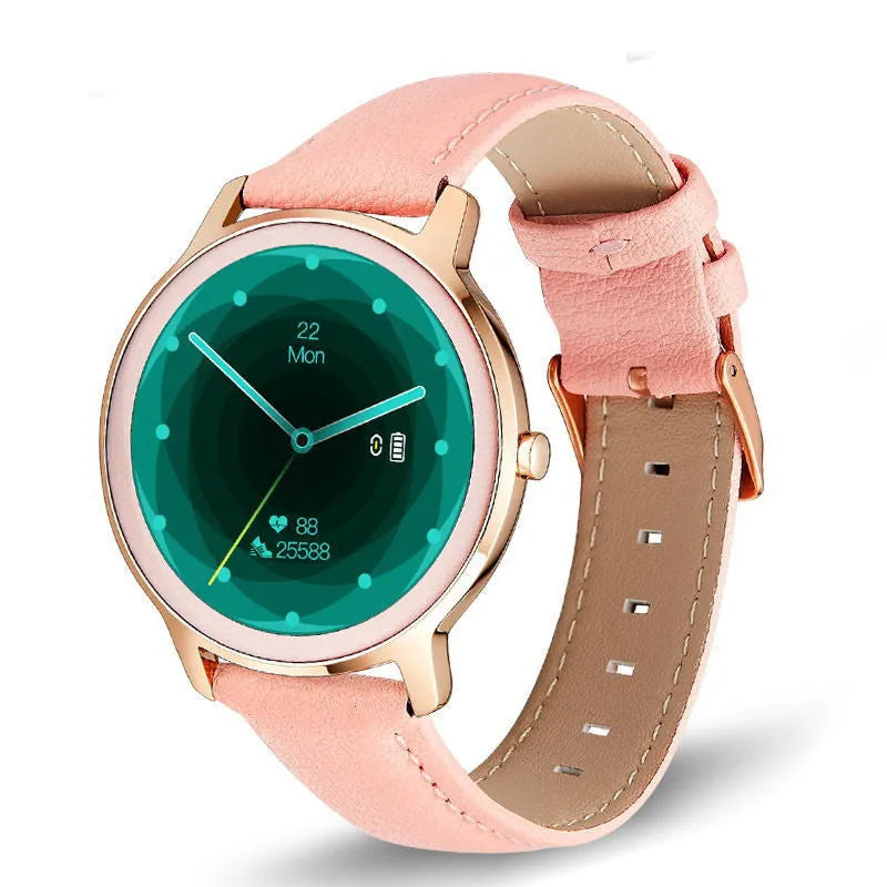 Women's smart watch with stainless steel wristband and 1.3 inch touch screen showing display interface