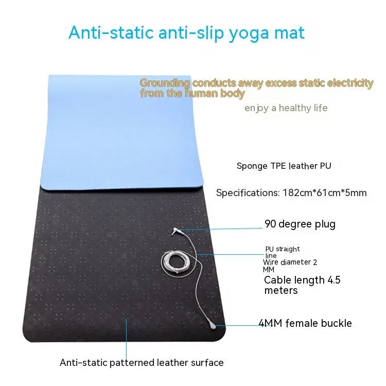 Blue conductive yoga mat with plants pattern, grounding wire, dimensions 182cm by 61cm.
