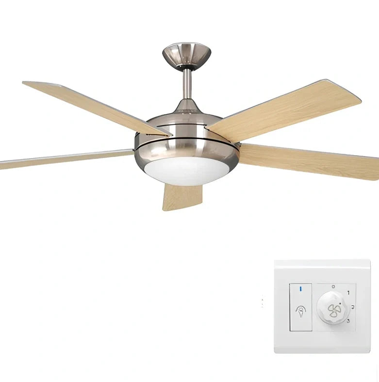 Wood blade ceiling fan with glass lampshade in black finish, 46cm diameter