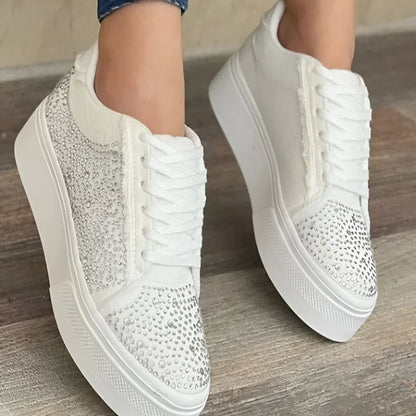 Plus size women's black lace-up casual shoes with rhinestone detail on round toe and thick rubber sole.