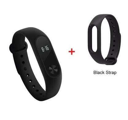 Xiaomi Mi Band 2 black fitness tracker with OLED display showing heart rate and time on adjustable wrist strap