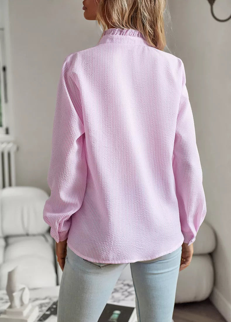Women's striped long sleeve shirt with elegant ruffle design in white, pink, black, and blue