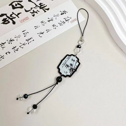 Guofeng Chinese style bead pendant keychain with detailed plants and flowers pattern on a metal clip.