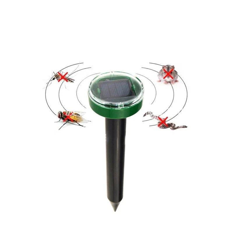 Solar-powered ultrasonic pest repeller with watertight design and 360-degree coverage to deter rodents and snakes in yard and garden