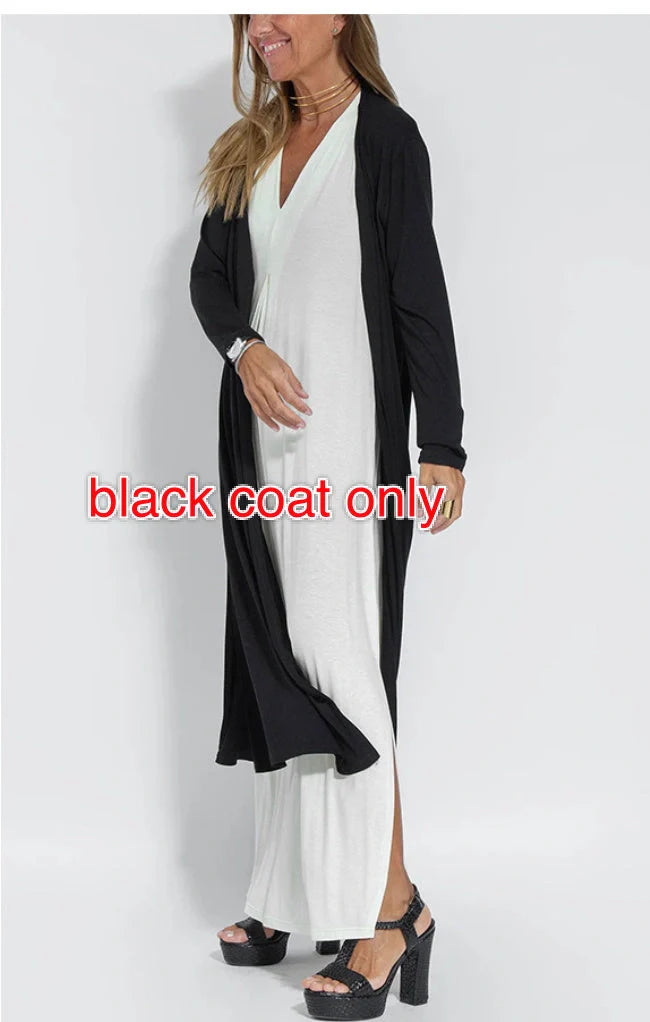 Women's V-neck sleeveless dress and long cardigan jacket set in solid colors
