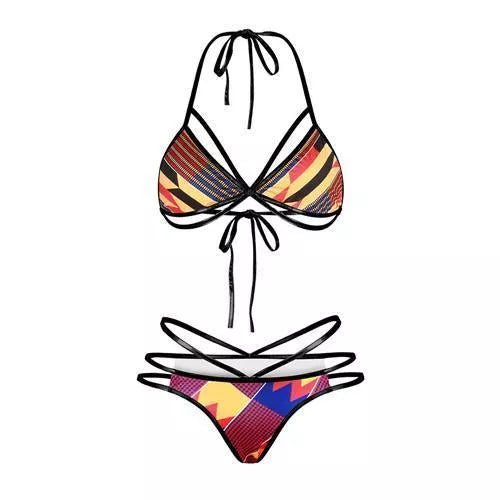 Maroon multi-colored bikini set with African traditional print patterns
