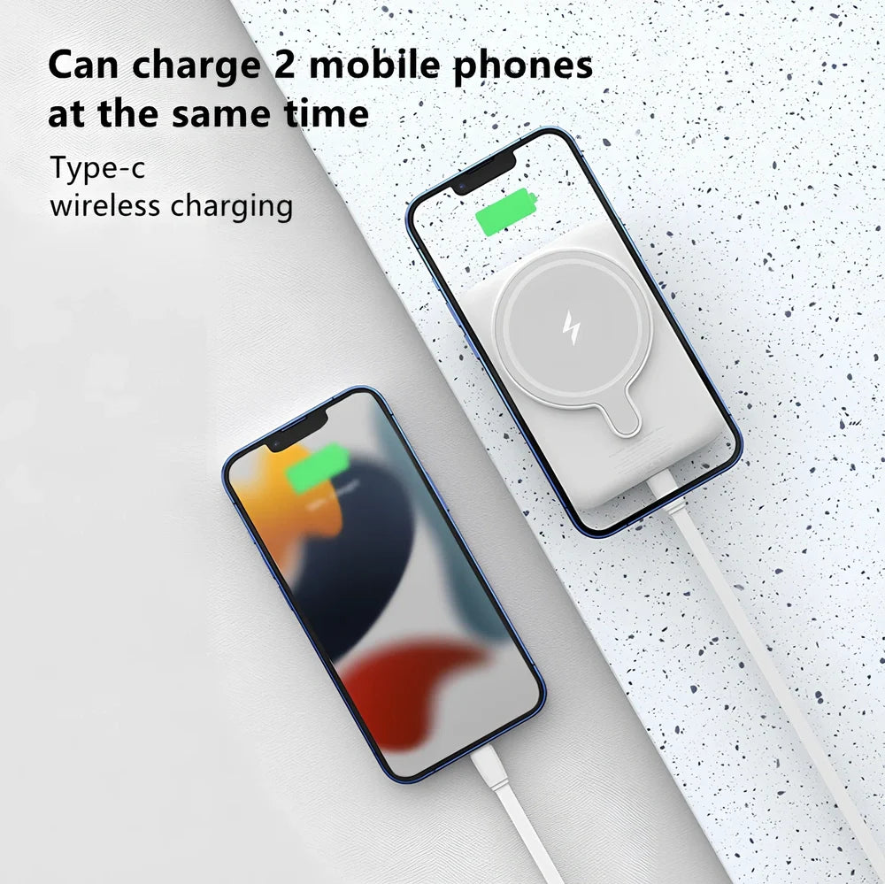 White Magsafe magnetic power bank showing magnetic charging side and USB ports