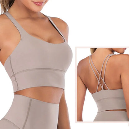 Women's yoga outfit set with chest pad, glossy nylon spandex, no steel ring, green or purple gray, sizes S-L.