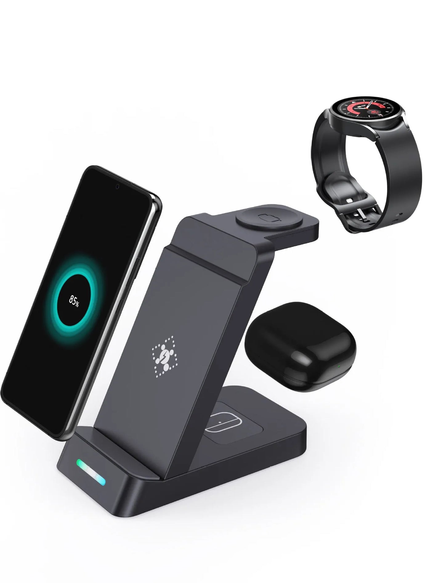 Black and white wireless 3-in-1 charger with phone stand, charging phone, AirPods, and iWatch on desk