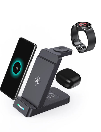 Black and white wireless 3-in-1 charger with phone stand, charging phone, AirPods, and iWatch on desk