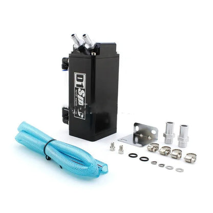 Car engine oil catch tank in metallic finish showing round and square model options