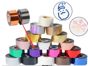 Roll of electrochemical aluminium hot foil for branding on leather and plastic, showing metallic finish and 120m length