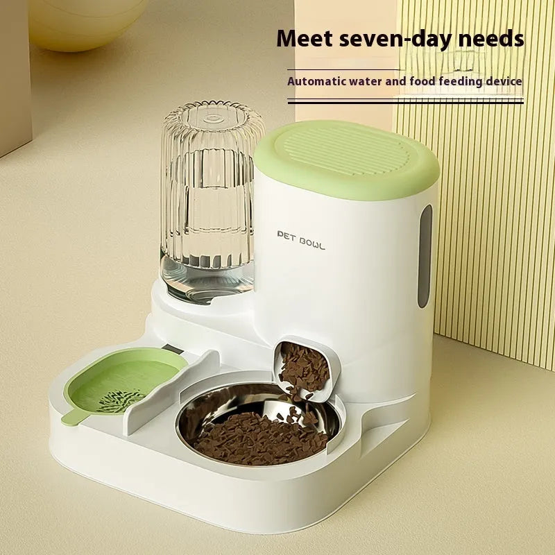 Automatic cat feeding water fountain with integrated double bowl in avocado green colour, dimensions 27x27x24cm