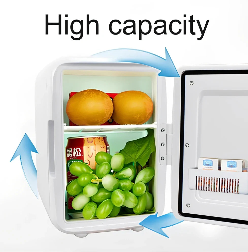 Blue 4L car refrigerator with handle showing dimensions and cigarette lighter plug