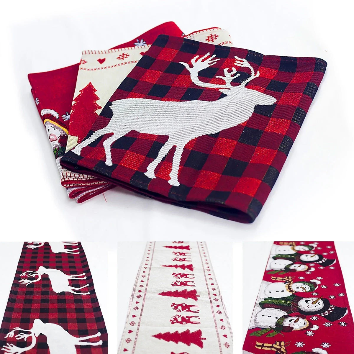 Christmas Elk Snowman Table Runner with festive design for holiday decor
